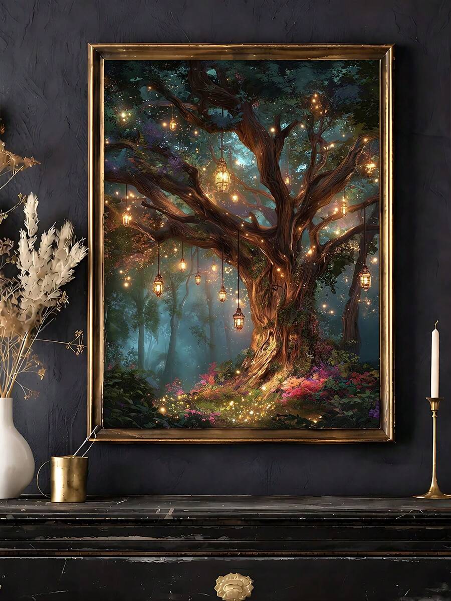 Lantern-lit enchanted tree canvas art displayed above a mantel