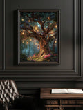 Enchanted lantern forest poster styled in a dark study