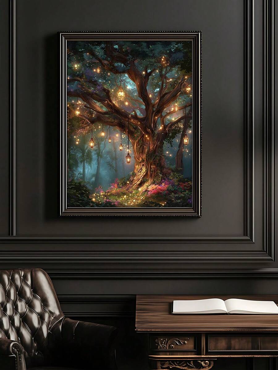 Enchanted lantern forest poster styled in a dark study
