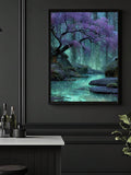 Black framed fantasy stream poster in a dark lounge setting