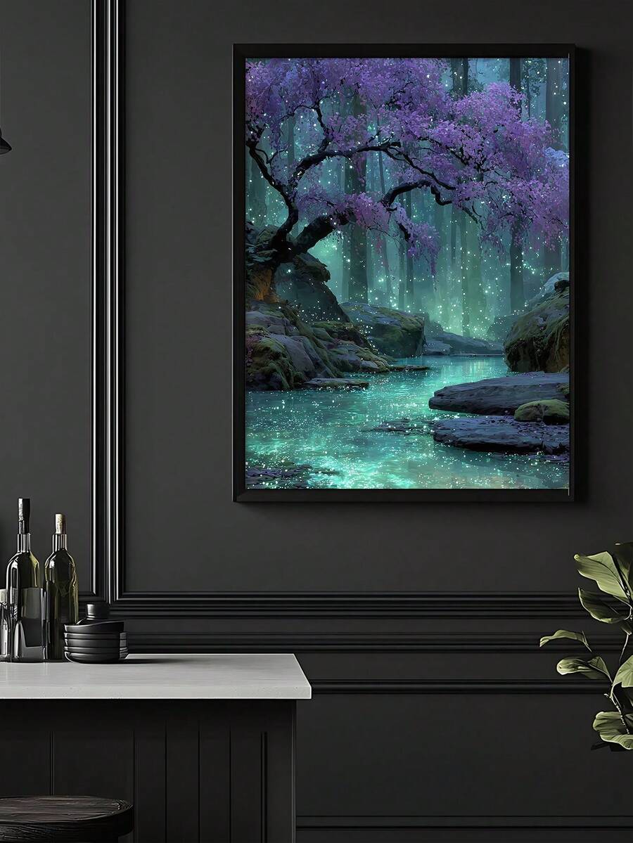 Black framed fantasy stream poster in a dark lounge setting