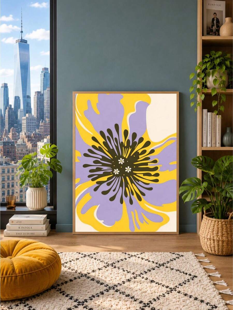 Large lavender and yellow botanical artwork against a teal wall in a plant-filled apartment