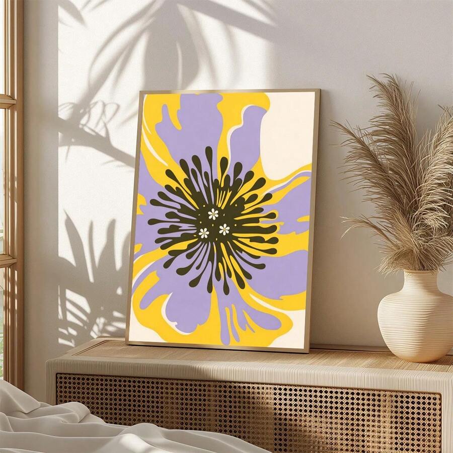 Natural wood-look framed purple and yellow flower print on a cane-front console