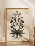 Vintage gothic belladonna botanical print in wood frame showing skull shaped flowers dark blooms spider web berries and roots