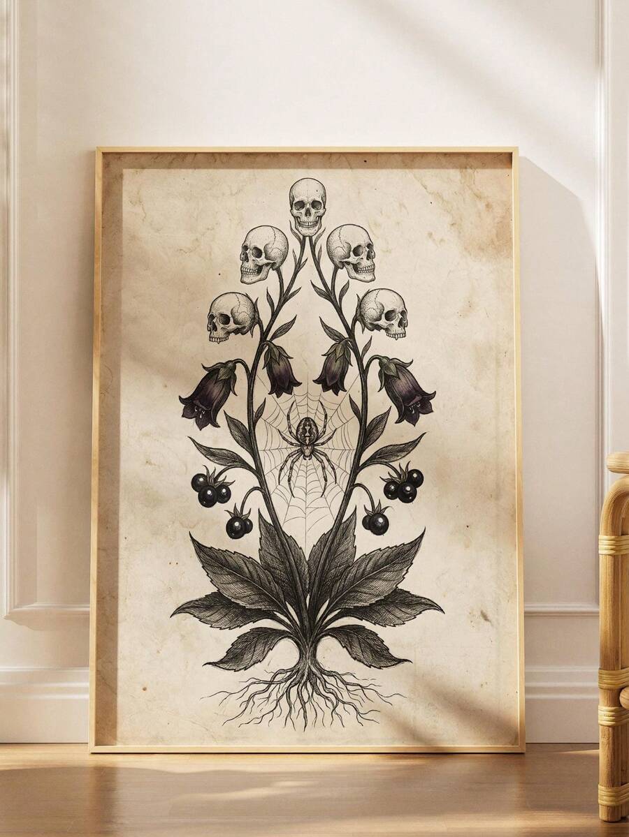 Vintage gothic belladonna botanical print in wood frame showing skull shaped flowers dark blooms spider web berries and roots