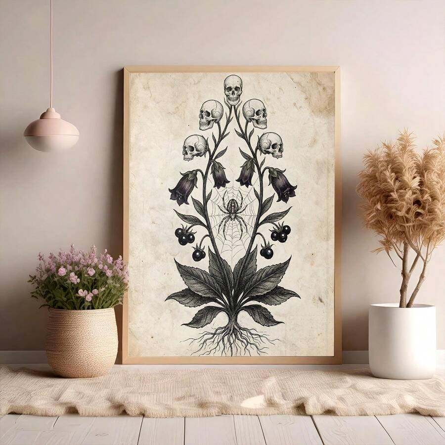 Framed dark academia botanical poster of belladonna plant with skull blossoms spider web black berries and roots