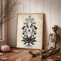 Belladonna skull plant poster beside Halloween skeleton decor with spider web black berries and antique linework