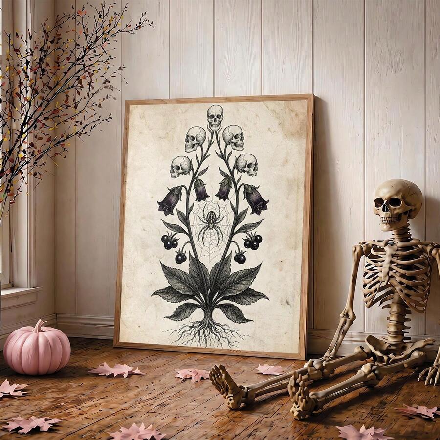Belladonna skull plant poster beside Halloween skeleton decor with spider web black berries and antique linework