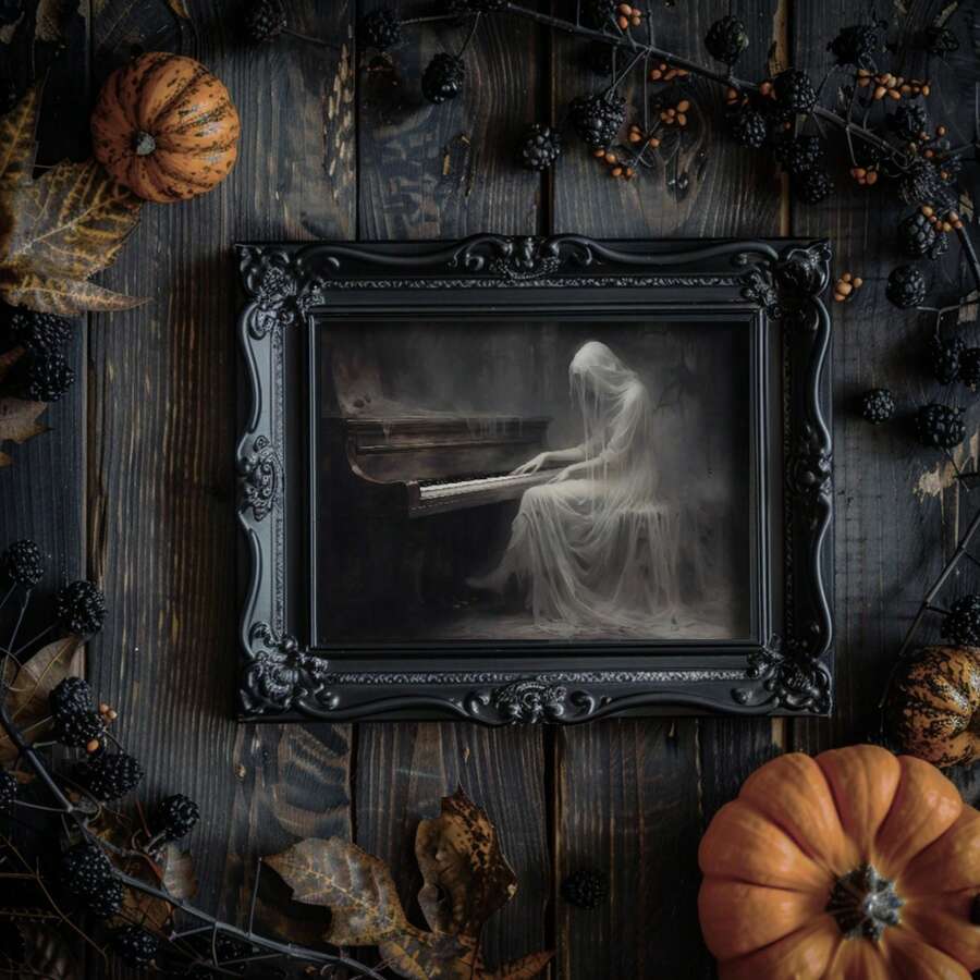 Vintage gothic poster of veiled ghost playing old piano in ornate gold frame with cobwebs
