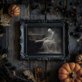 Dark academia ghost piano print in black frame with pumpkins leaves and berries