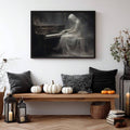 Dark ghost piano poster above bench with pumpkins black pillows and lanterns
