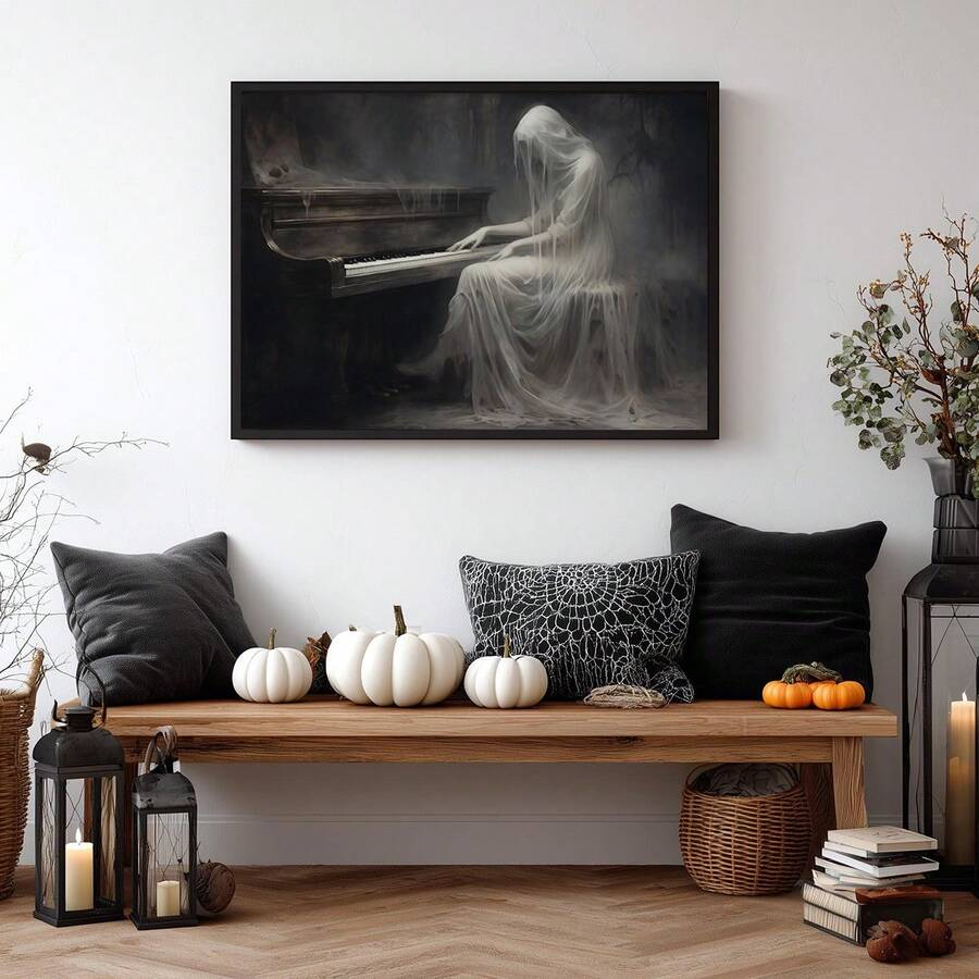 Dark ghost piano poster above bench with pumpkins black pillows and lanterns