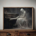 Moody haunted piano wall art leaning on wood dresser in natural frame
