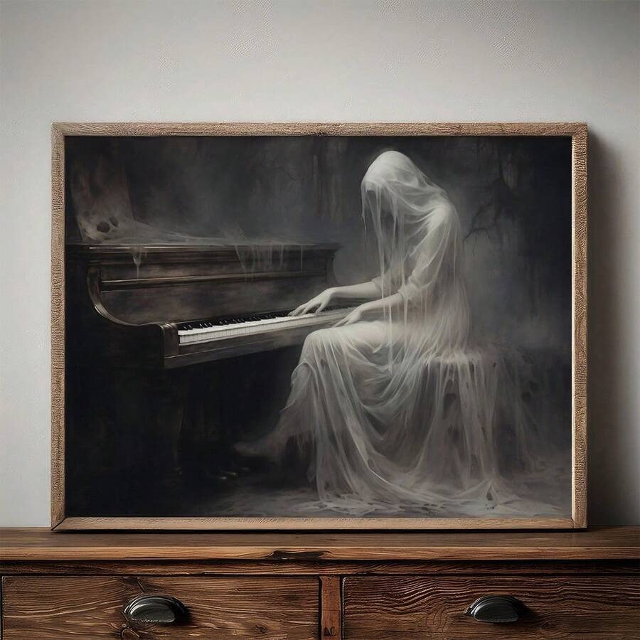 Moody haunted piano wall art leaning on wood dresser in natural frame
