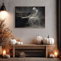 Haunted ghost piano print above wood bench with white pumpkins and candles