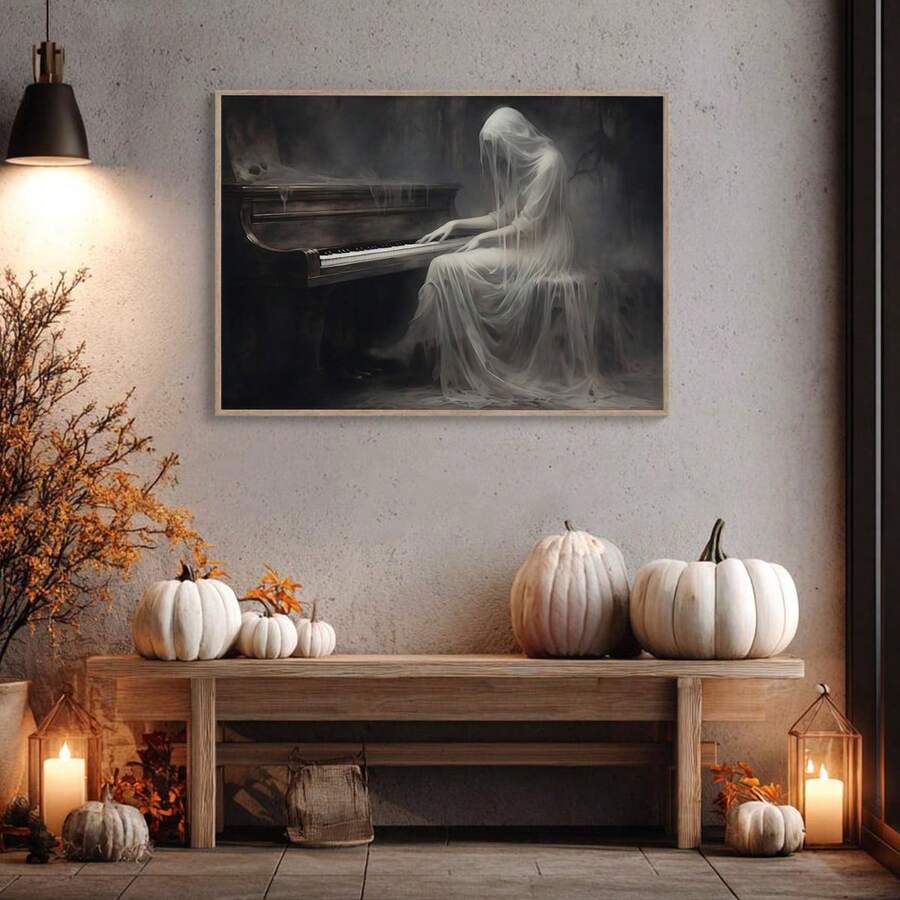 Haunted ghost piano print above wood bench with white pumpkins and candles