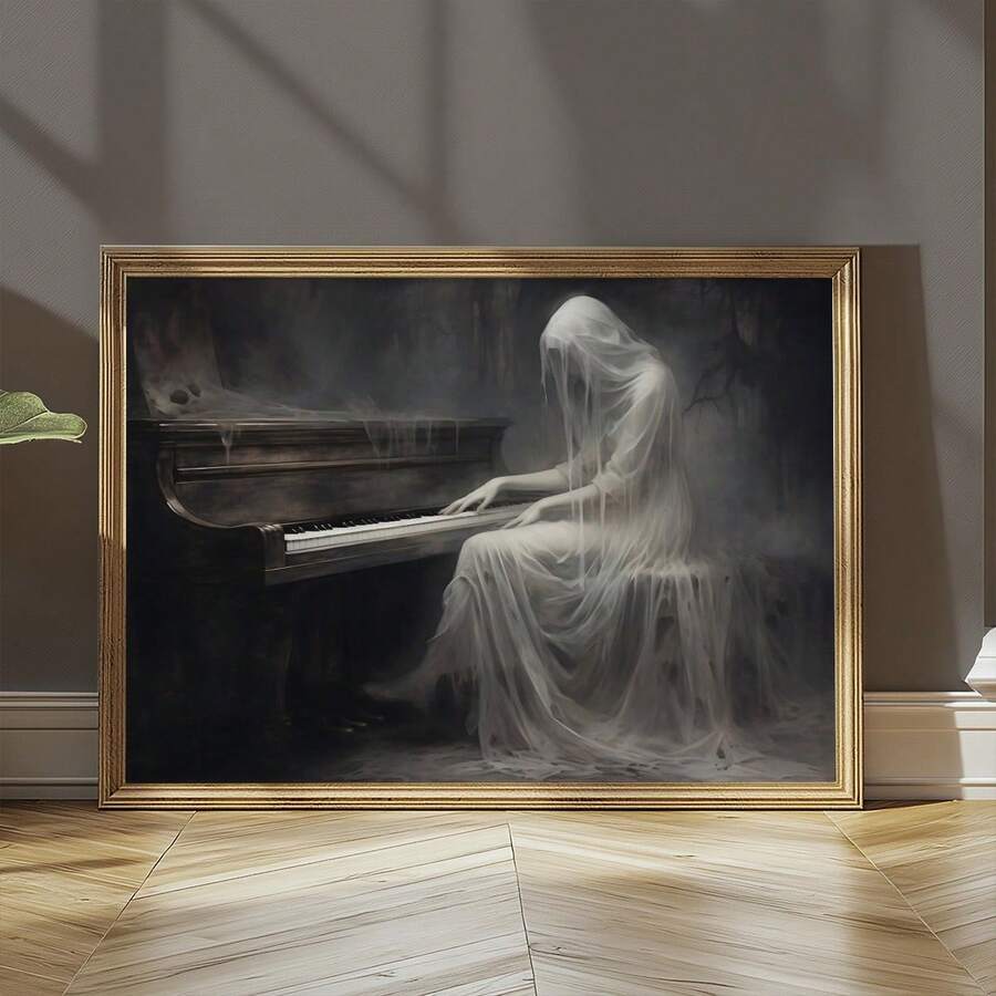 Large vintage ghost playing piano print in gold frame leaning on wood floor
