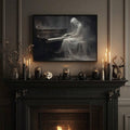 Gothic ghost piano artwork above black fireplace mantel with candles and skulls