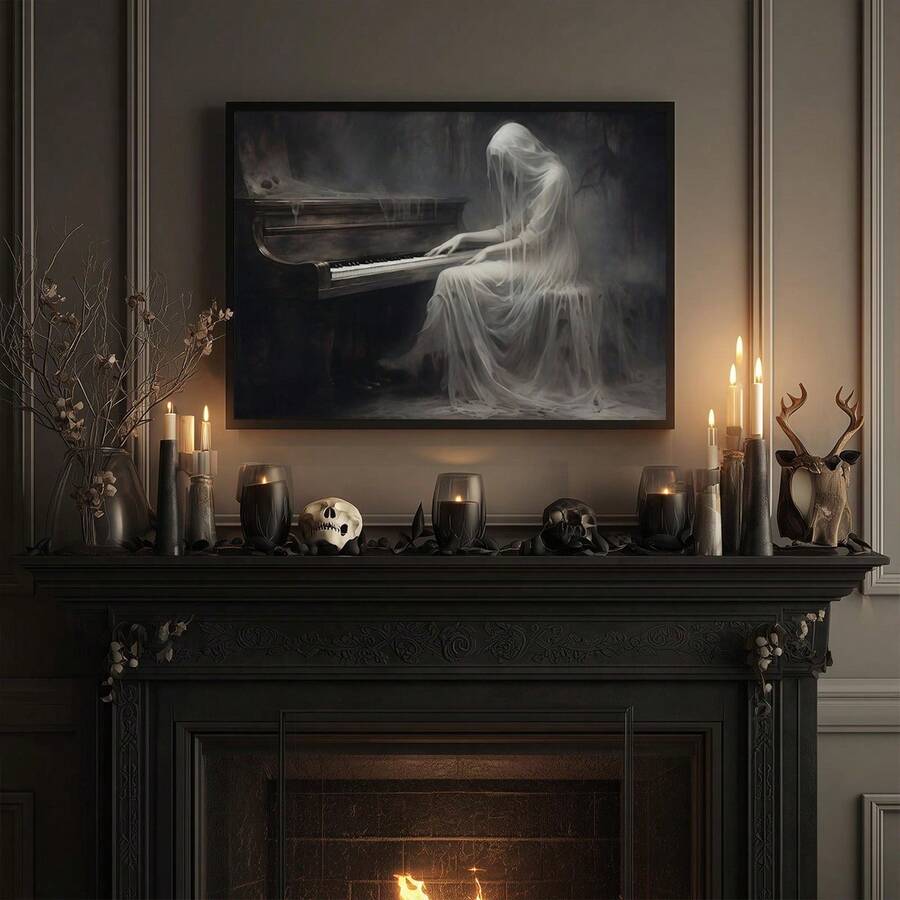 Gothic ghost piano artwork above black fireplace mantel with candles and skulls