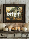 Farmhouse Halloween wall art with sheet ghosts on clothesline