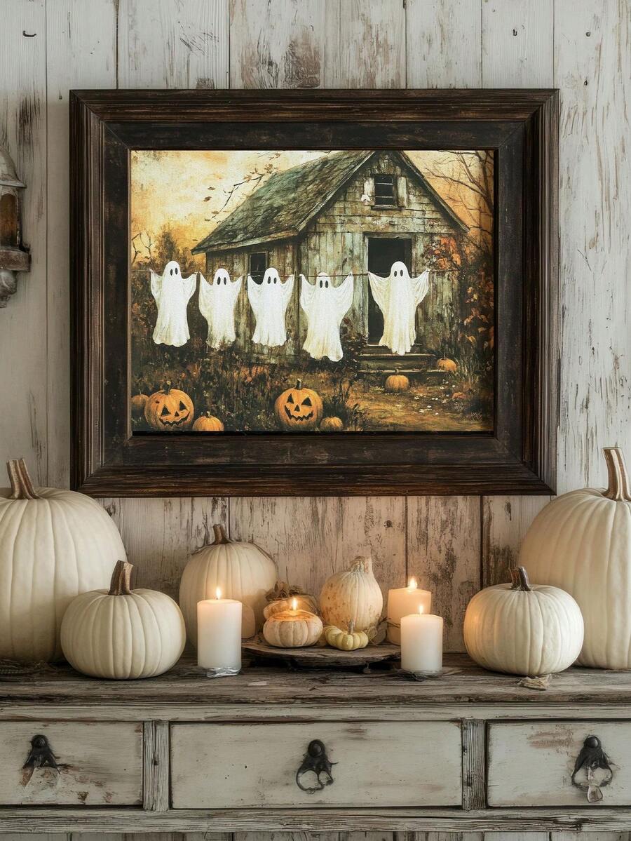 Farmhouse Halloween wall art with sheet ghosts on clothesline