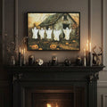 Haunted barn art in sage green and pumpkin orange tones