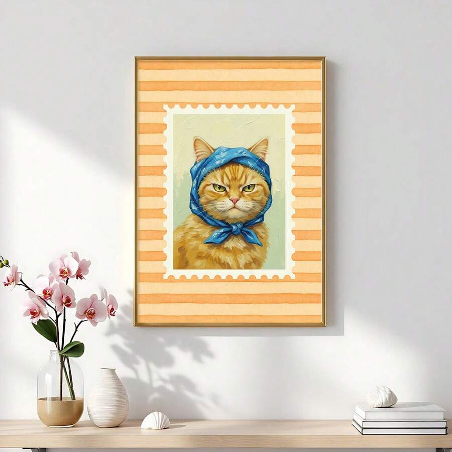 Orange tabby cat canvas poster with blue headscarf