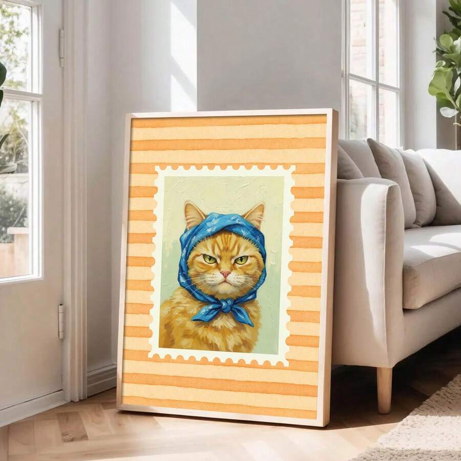 Whimsical orange cat poster shown in framed room mockup
