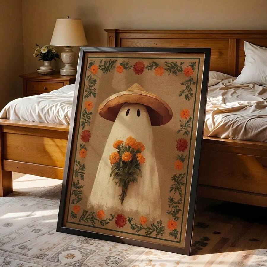 Cute ghost wall art with straw hat and orange flowers
