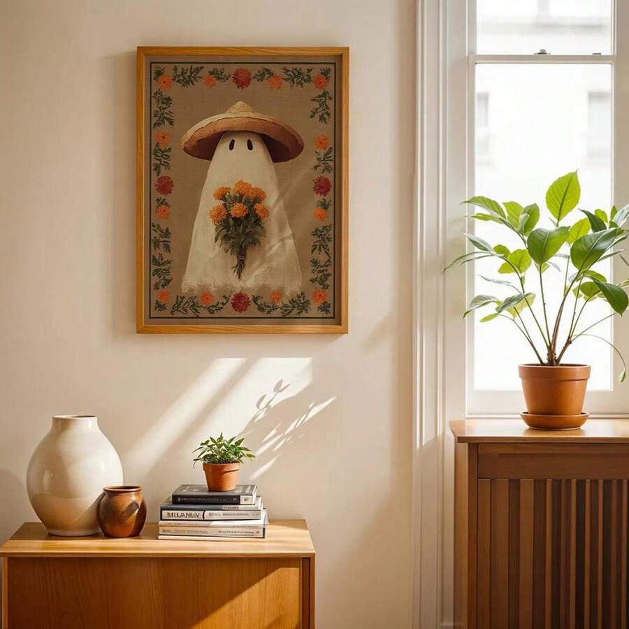Cottagecore Halloween poster shown in framed wall mockup
