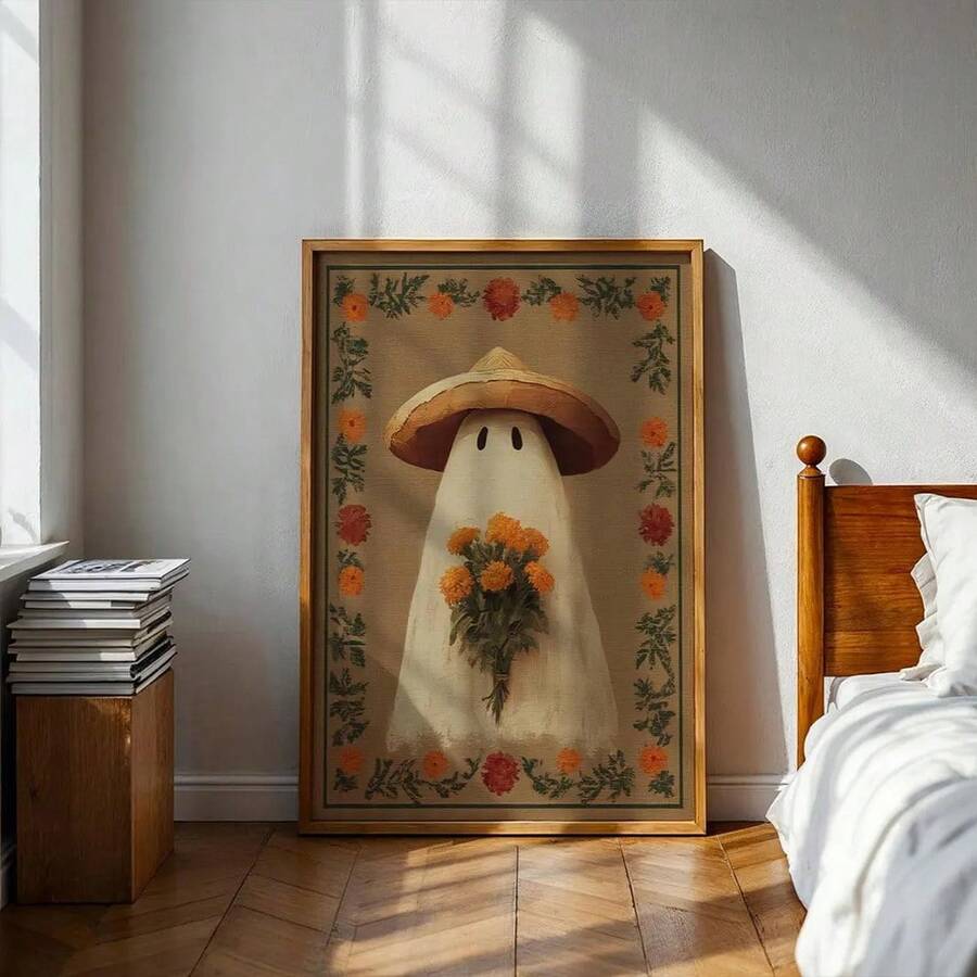 Whimsical ghost art with floral border and warm fall colors