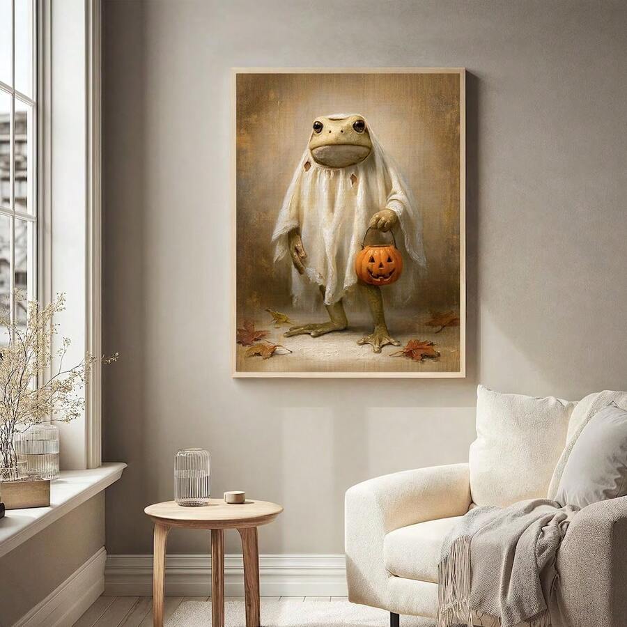 Ghost-costumed frog canvas art beside white chair in minimalist lounge