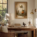 Retro autumn frog wall art above wooden desk