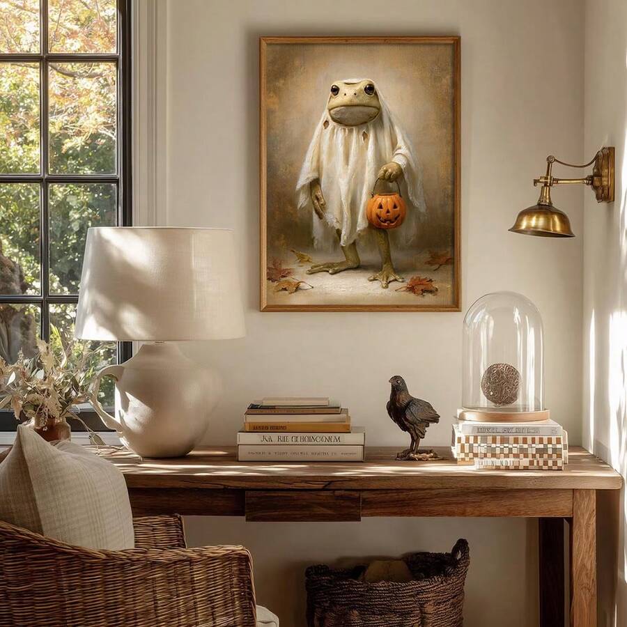 Framed ghost frog holding pumpkin bucket above neutral stone console