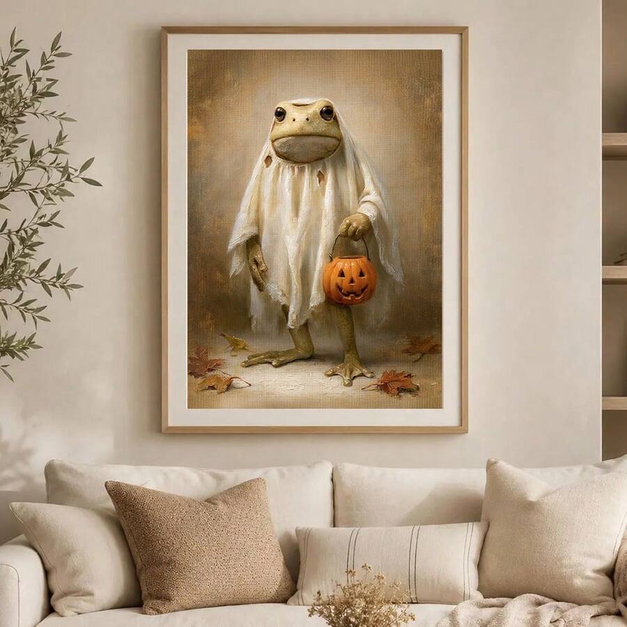 Matted frog ghost and pumpkin wall print above cream living room sofa