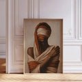 Front view of figurative canvas portrait against ornate white wall panels