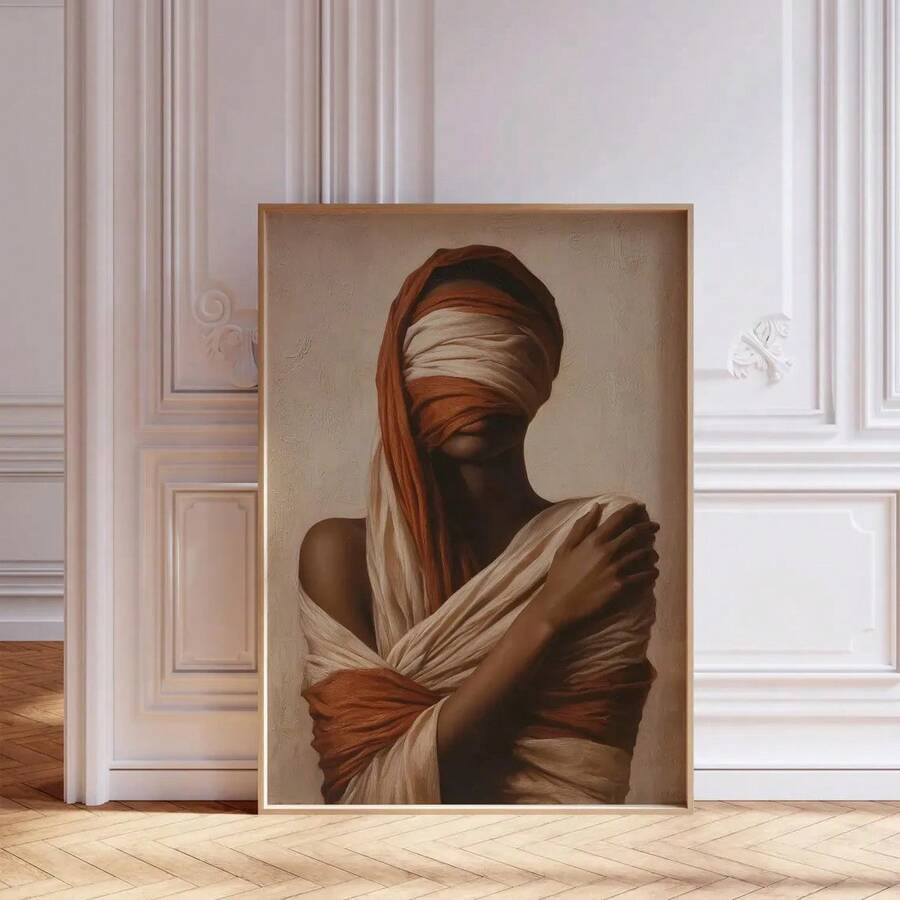 Front view of figurative canvas portrait against ornate white wall panels