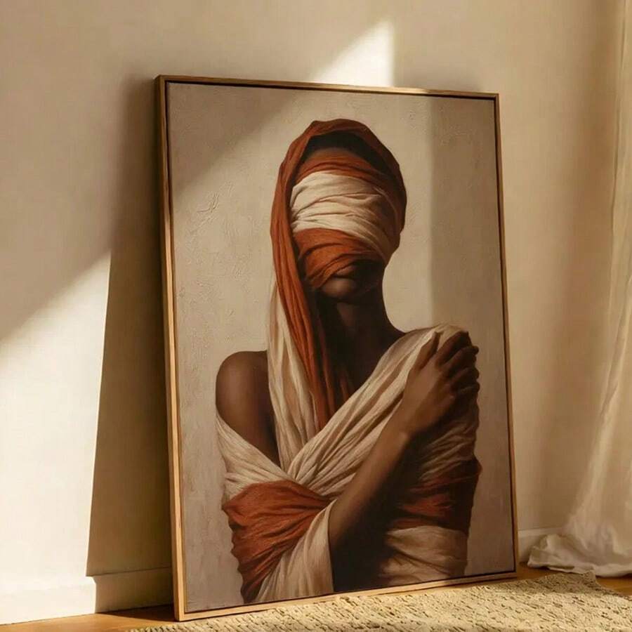 Warm portrait of cloth-covered figure beside curtain and textured rug