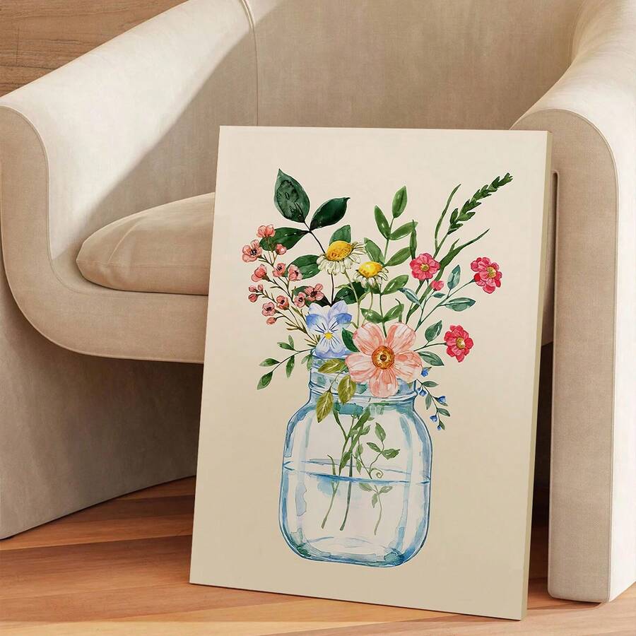 Unframed watercolor flower bouquet leaning on a cream chair