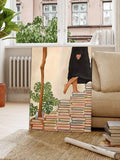 Modern literary art print of woman stepping across colorful stacks of books