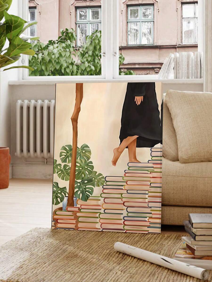 Modern literary art print of woman stepping across colorful stacks of books