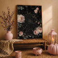 Pink rose and spiderweb wall art displayed in a warm blush autumn setting