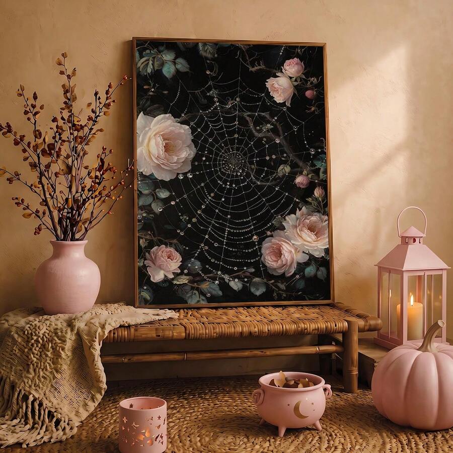 Pink rose and spiderweb wall art displayed in a warm blush autumn setting