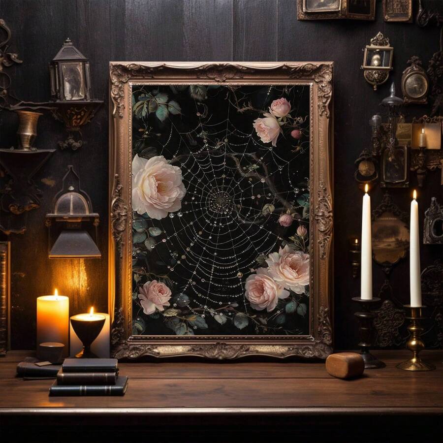 Ornate framed rose and spiderweb print in a candlelit Victorian gothic room