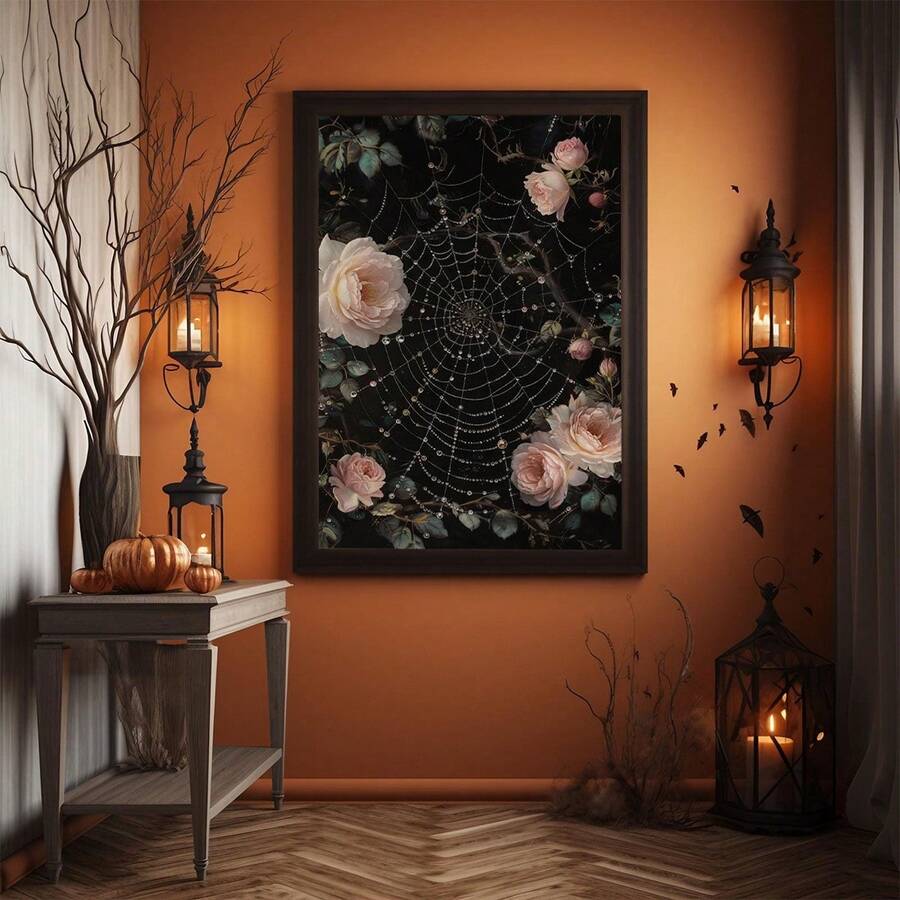 Brown framed pink rose artwork with a jeweled spiderweb above a candlelit mantel