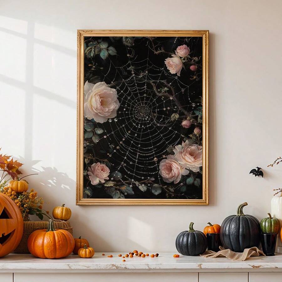 Gold framed floral spiderweb print displayed above orange and black pumpkins