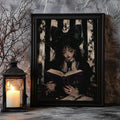 Halloween library art with doll-like girl and stacked books