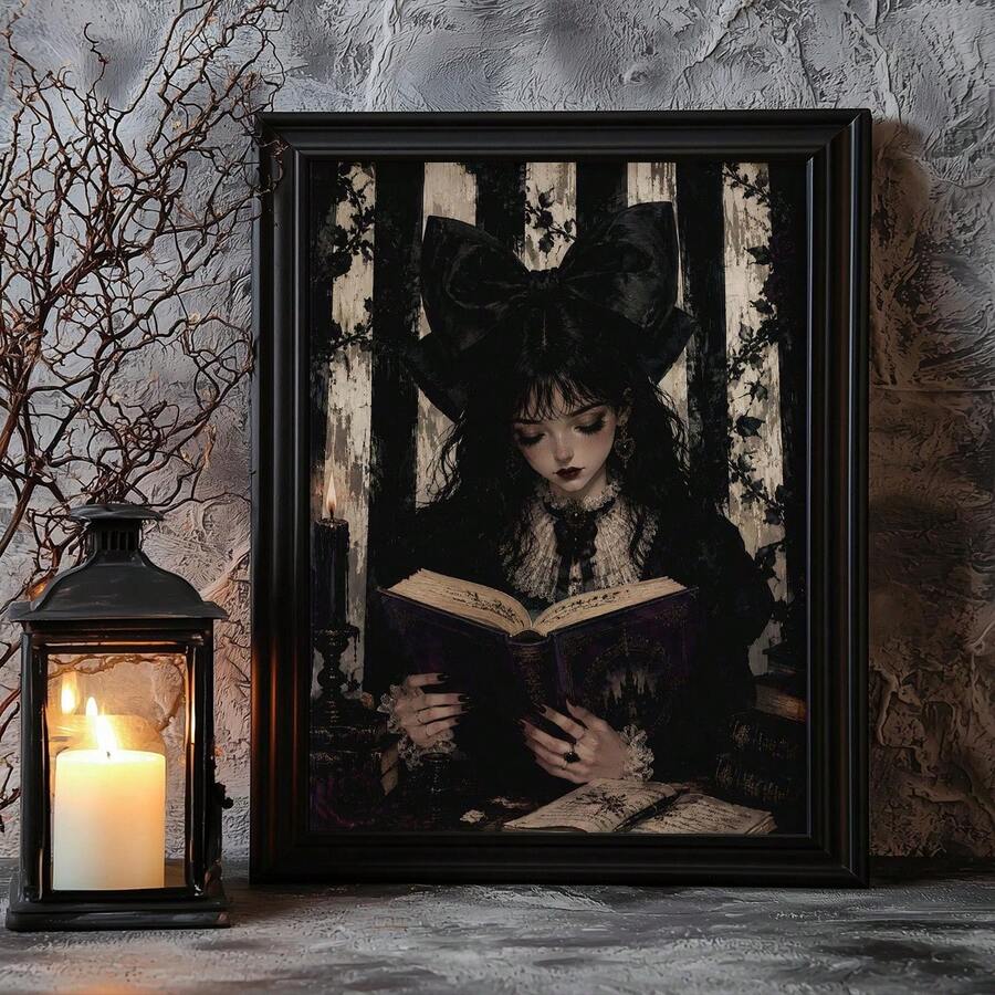 Halloween library art with doll-like girl and stacked books