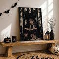 Witchy book poster in gold wood and black frame mockups