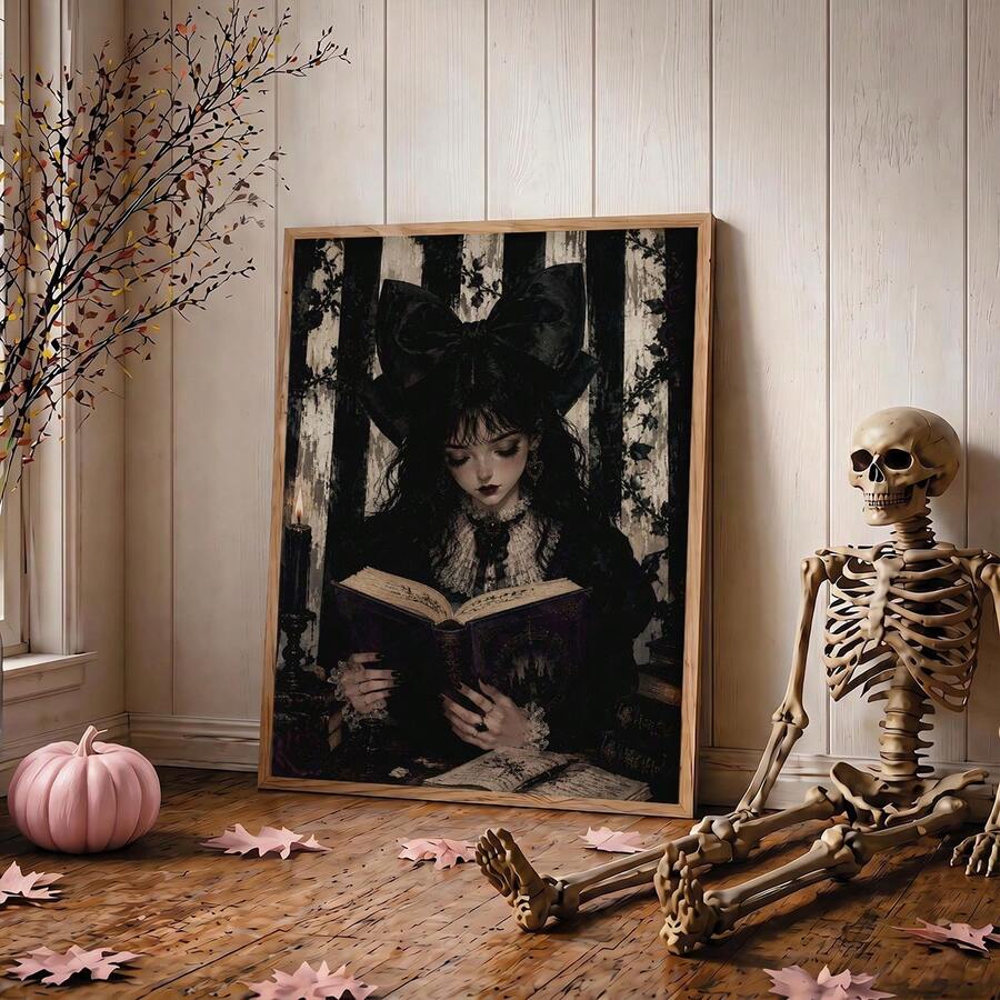 Gothic reading girl poster with black bow and old book